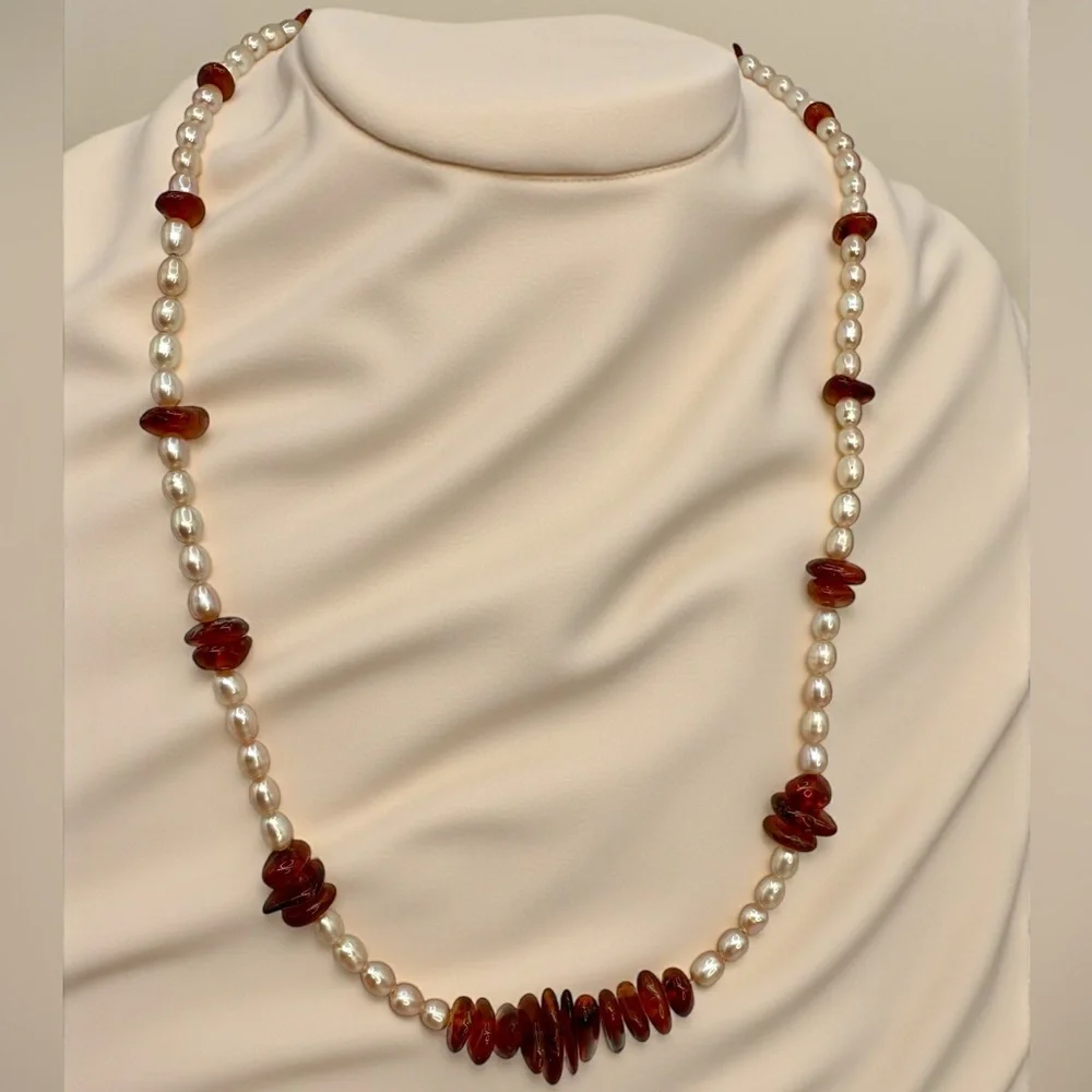 Genuine Amber & Freshwater Pearl Necklace – 18” - Picture 16 of 17